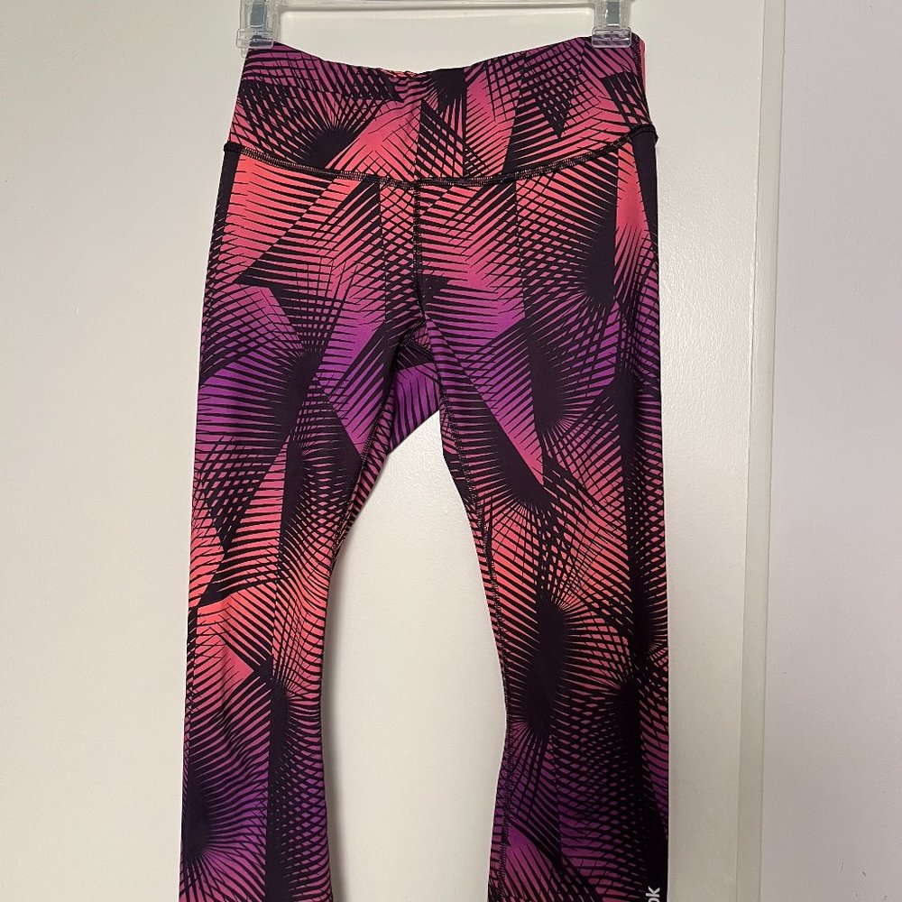 Reebok black orange pink purple colorful palm leaf print crop Capri leggings